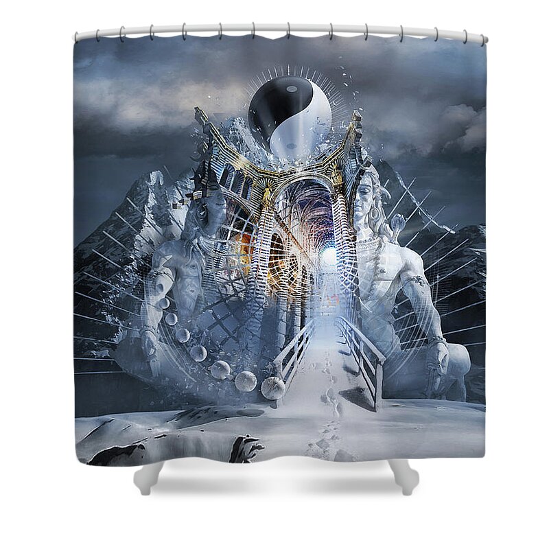 Surreal Shower Curtain featuring the digital art Yin and Yang Sanctuary or Pass to Inner Peace by George Grie