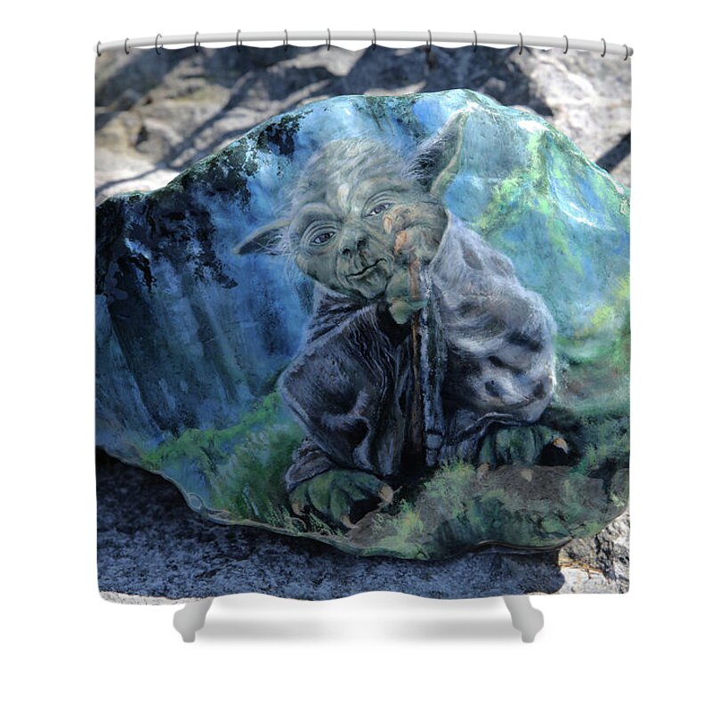 Art Shower Curtain featuring the painting Yoda on a Rock by Tammy Pool