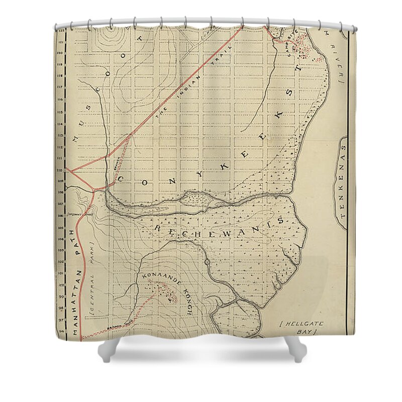 Map Shower Curtain featuring the painting Yorkville and East Harlem in aboriginal times, Map IV by MotionAge Designs