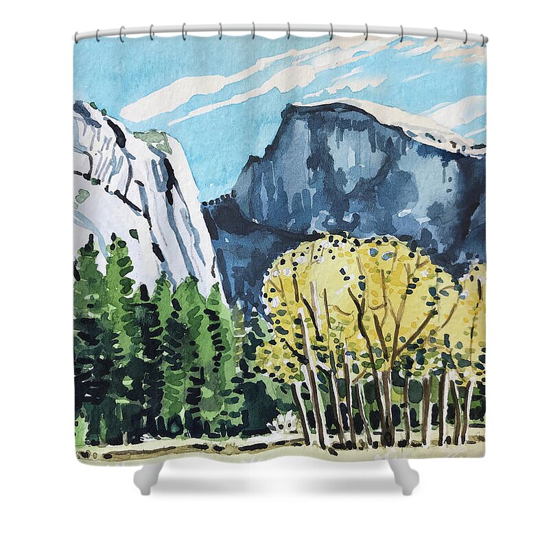 River Shower Curtain featuring the painting Yosemite half Dome by Luisa Millicent
