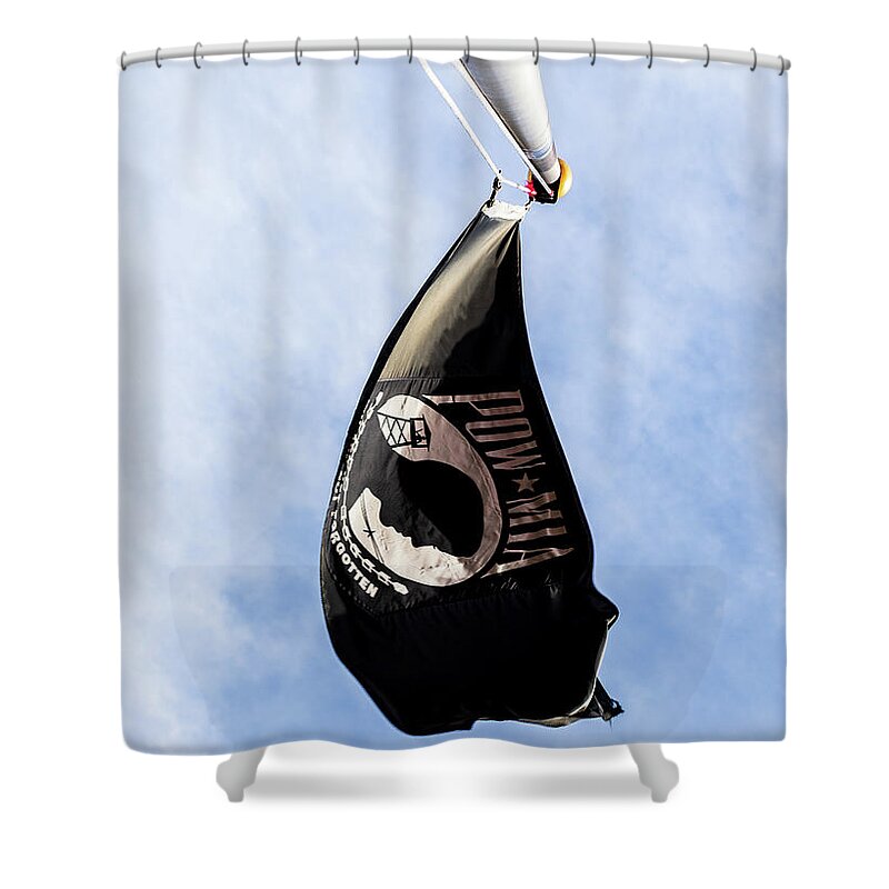 Flag Shower Curtain featuring the photograph You Are Not Forgotten - POW MIA Flag by Amelia Pearn