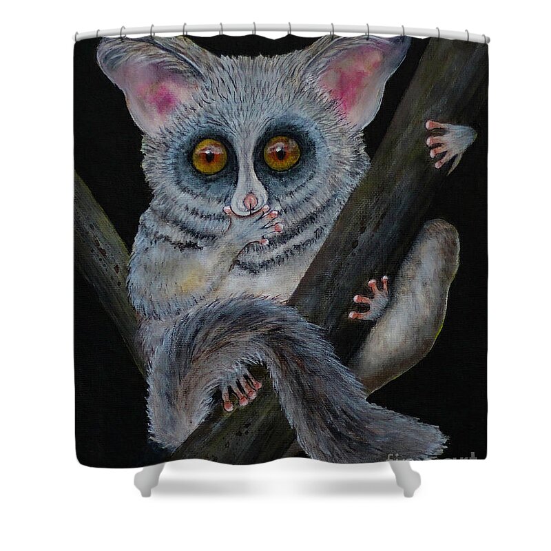 Bushbaby Shower Curtain featuring the painting You did what? by Shirley Dutchkowski
