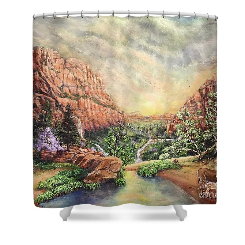 You Restore My Soul.zion Shower Curtain featuring the painting You Restore my Soul. Zion after the Storm by Bonnie Marie