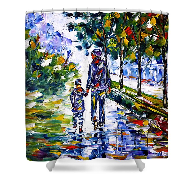Autumn Walk Shower Curtain featuring the painting Young Father With Son by Mirek Kuzniar
