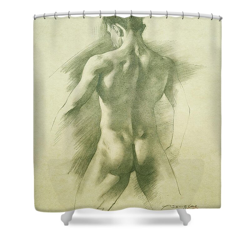 Drawing Shower Curtain featuring the drawing Young man #22079 by Hongtao Huang