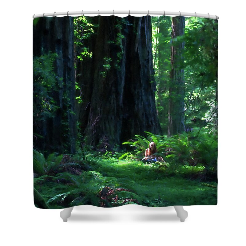 America Shower Curtain featuring the photograph Young woman and the giants digital painting by Jean-Luc Farges