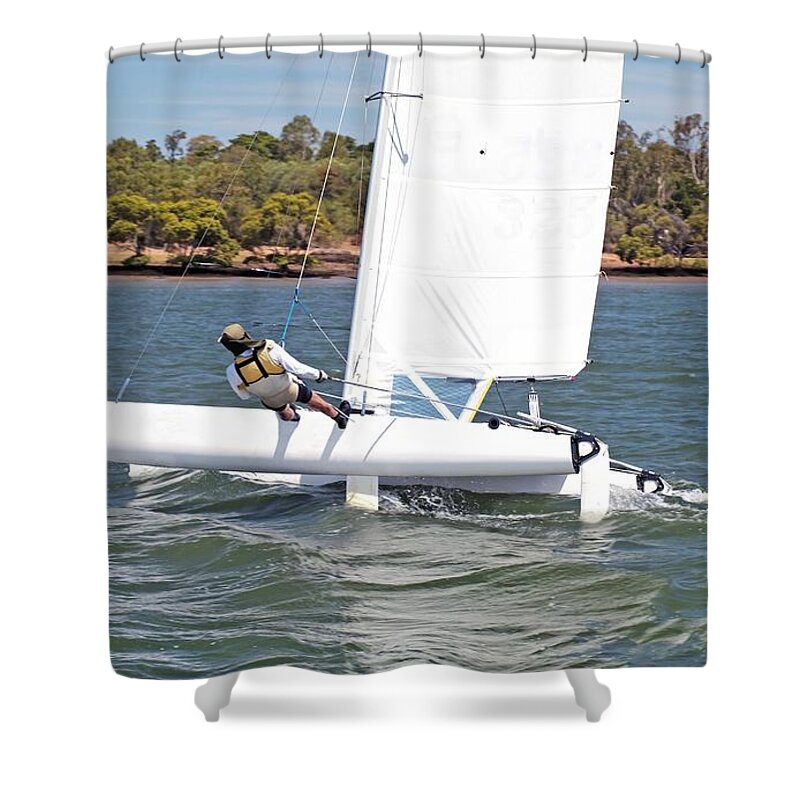 Csne22 Shower Curtain featuring the photograph Youth Sailing small catamaran boat with a white sail, Bundaberg, by Geoff Childs