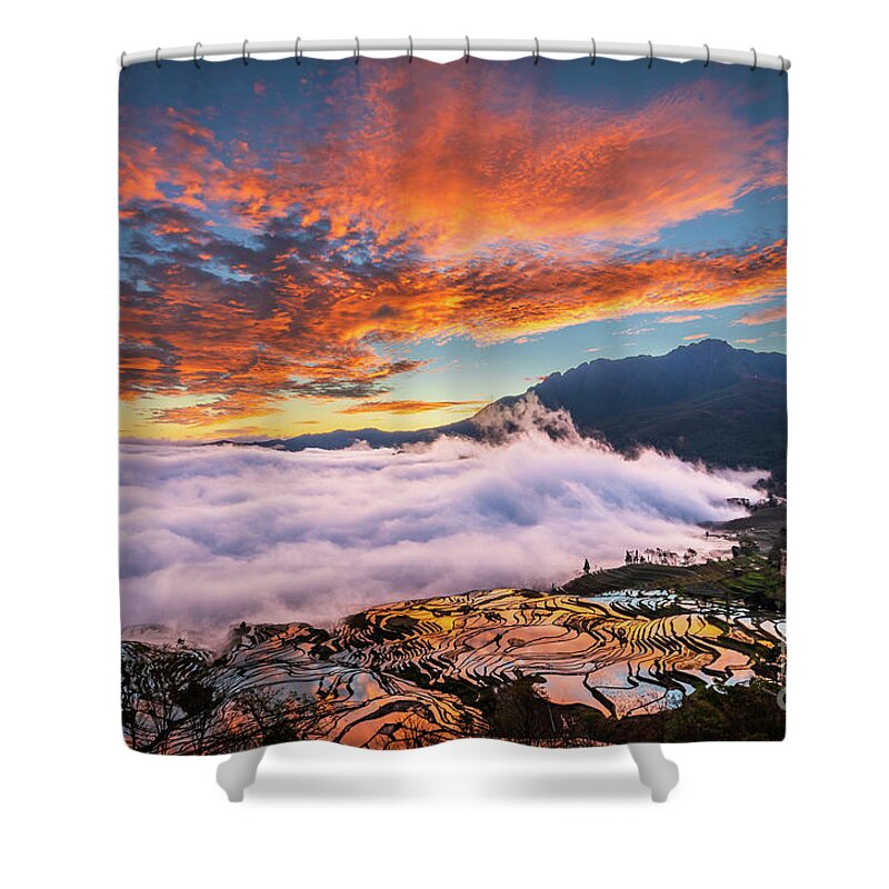 Asia Shower Curtain featuring the photograph Yuanyang Sunrise by Inge Johnsson