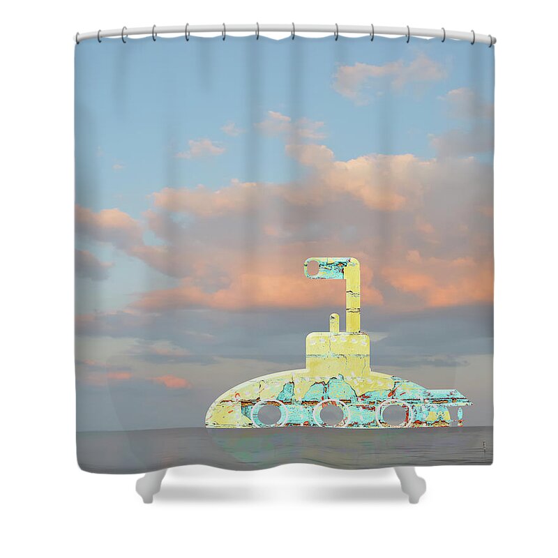 Yellow Shower Curtain featuring the digital art Zany Yellow Submarine at Sunset by Marianne Campolongo