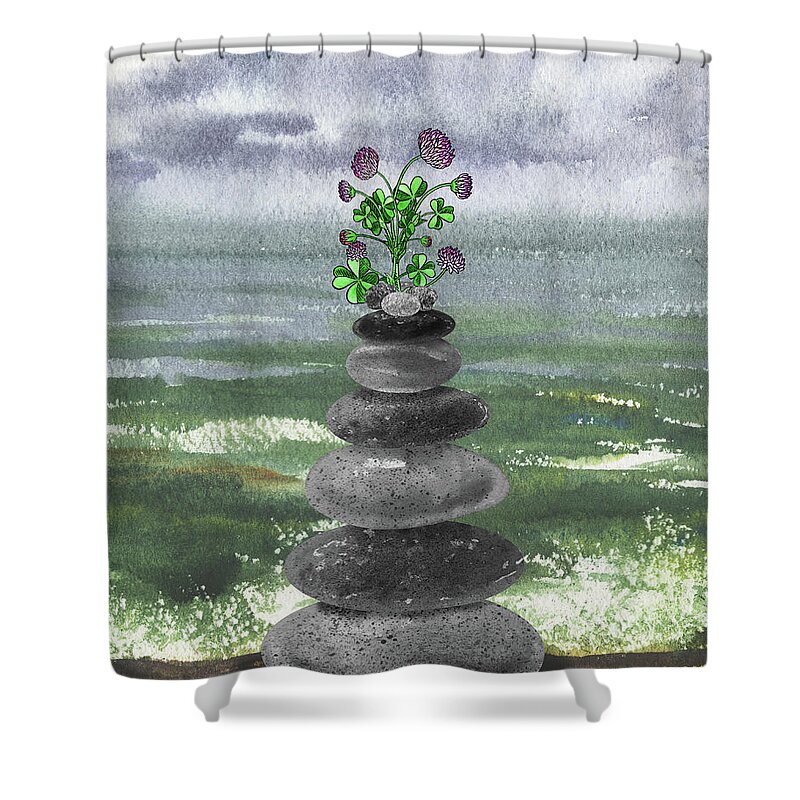 Zen Rocks Shower Curtain featuring the painting Zen Rocks Cairn Meditative Tower Lucky Clover Flower Watercolor by Irina Sztukowski