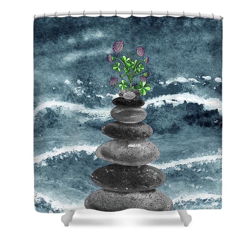 Zen Rocks Shower Curtain featuring the painting Zen Rocks Cairn Meditative Tower Lucky Clover Flowers Watercolor by Irina Sztukowski