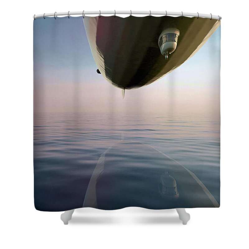 Zeppelin Shower Curtain featuring the mixed media Zeppelin Crossing the Sea by Shelli Fitzpatrick