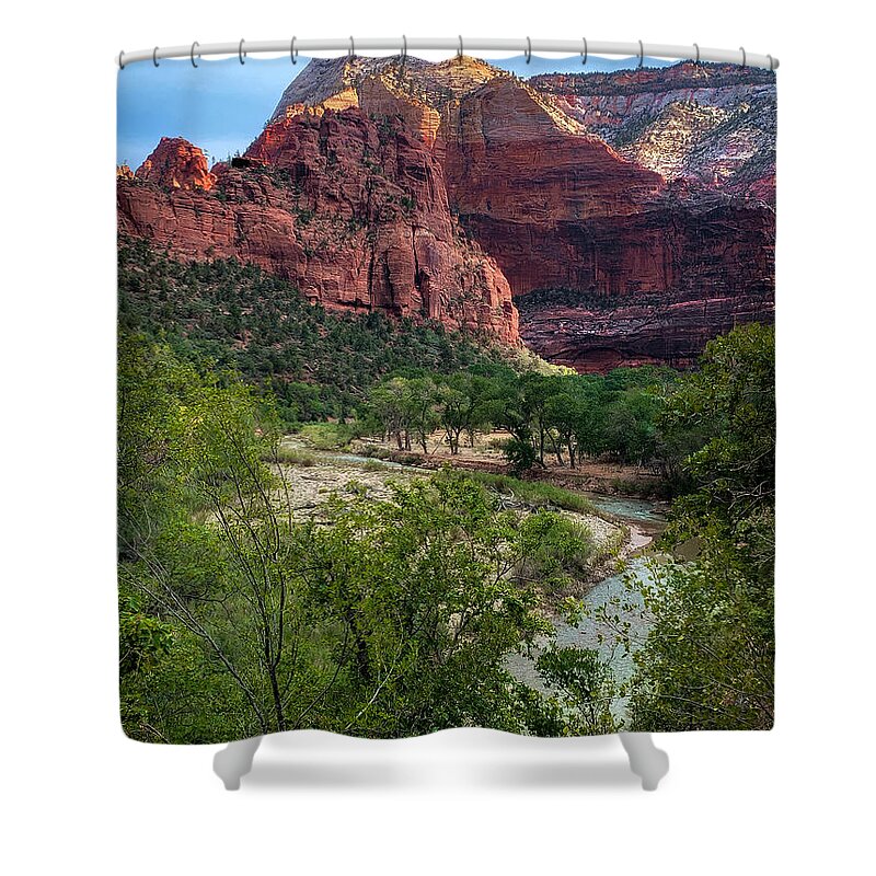 Photograph Shower Curtain featuring the photograph Zion Canyon and The Virgin River by John A Rodriguez