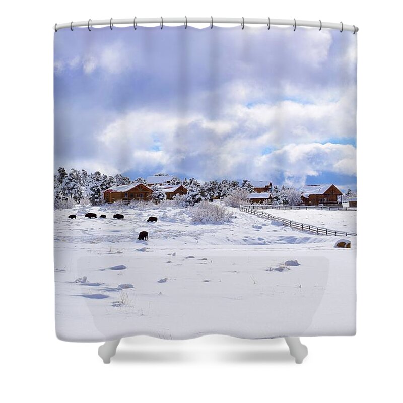 Zion Shower Curtain featuring the photograph Snow Farmhouse Zion by Bnte Creations