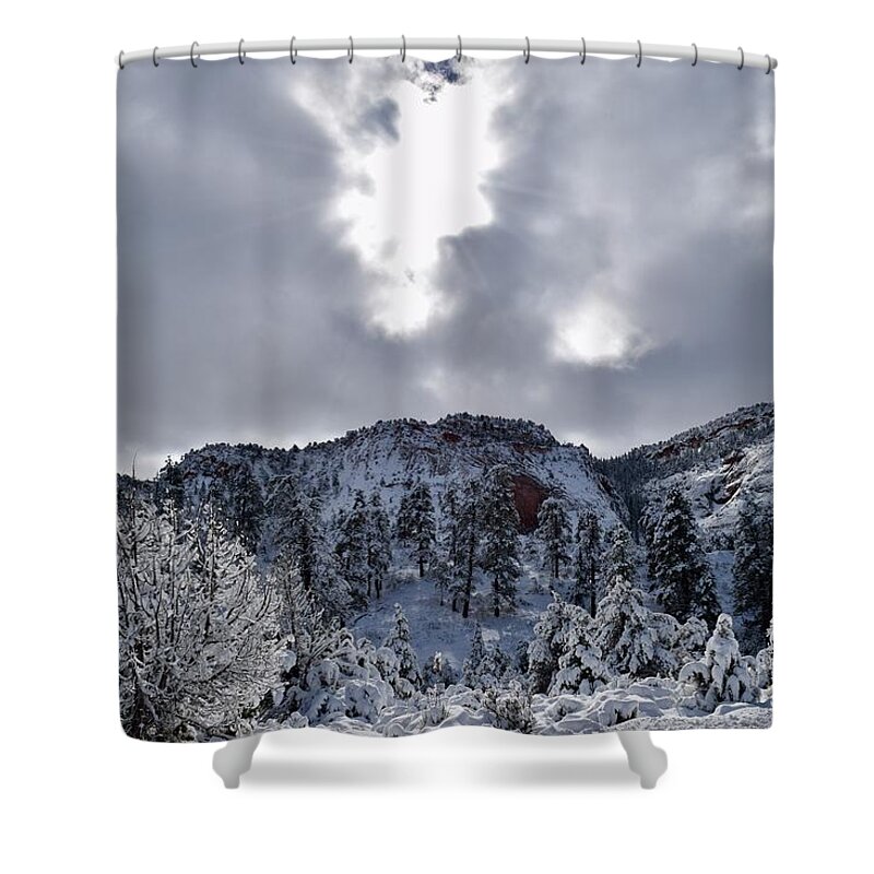 Zion Shower Curtain featuring the photograph Snow covered Checkerboard Mesa, Zion by Bnte Creations