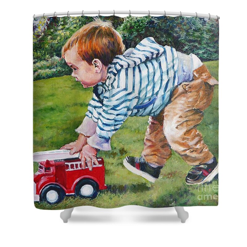 Child Shower Curtain featuring the painting Zoom Zoom...to the Rescue by Merana Cadorette