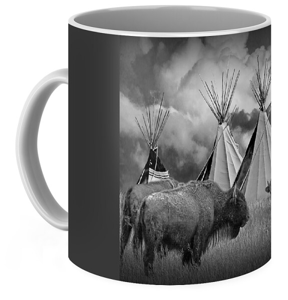 Buffalo Herd Among Teepees Of The Blackfoot Tribe Coffee Mug For Sale 