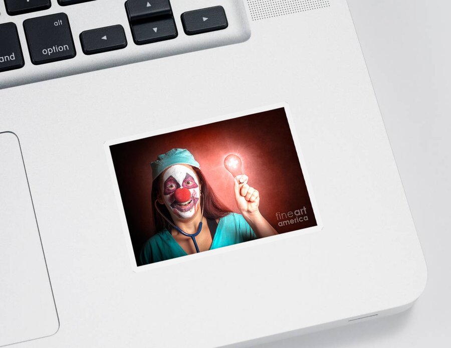 Clown Sticker featuring the photograph Clown doctor holding red emergency lightbulb #1 by Jorgo Photography