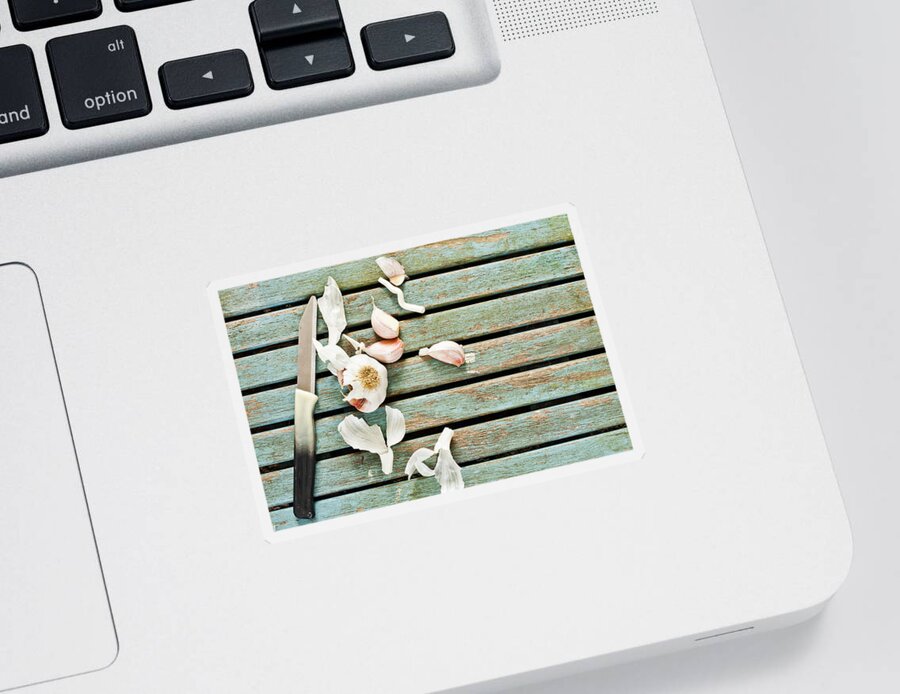 Background Sticker featuring the photograph Cutting garlic #1 by Tom Gowanlock