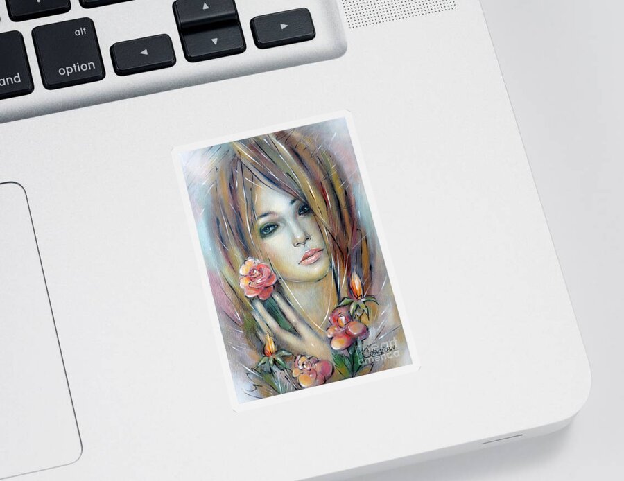 Girl Sticker featuring the painting Doll With Roses 010111 #1 by Selena Boron