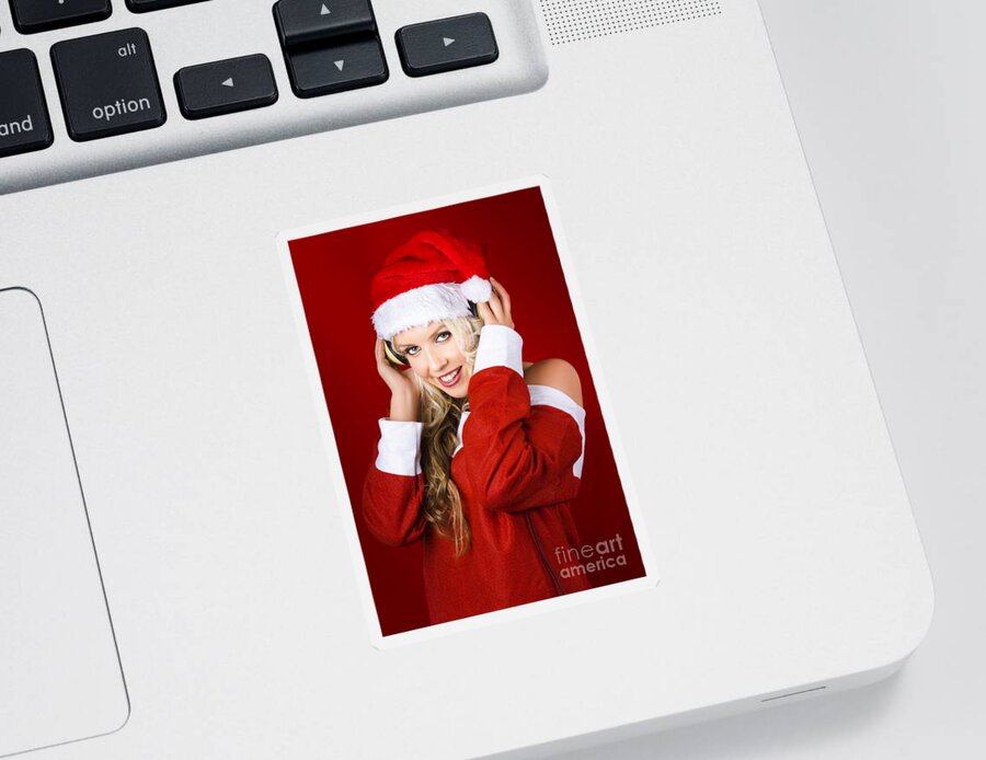 Christmas Sticker featuring the photograph Happy Dj Christmas Girl Listening To Xmas Music by Jorgo Photography