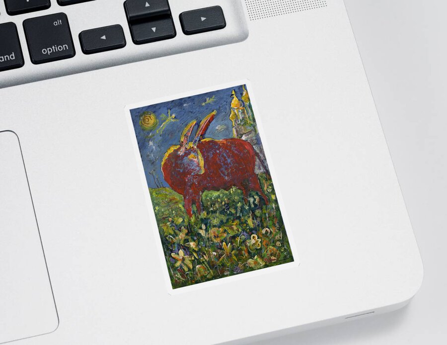 Bull Sticker featuring the painting Red bull in the flower field #1 by Maxim Komissarchik