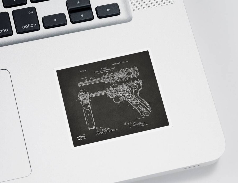 Luger Sticker featuring the digital art 1904 Luger Recoil Loading Small Arms Patent - Gray by Nikki Marie Smith