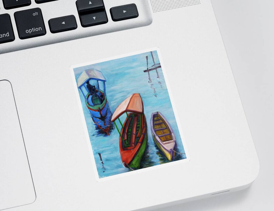 Landscape Sticker featuring the painting 3 Boats III by Xueling Zou