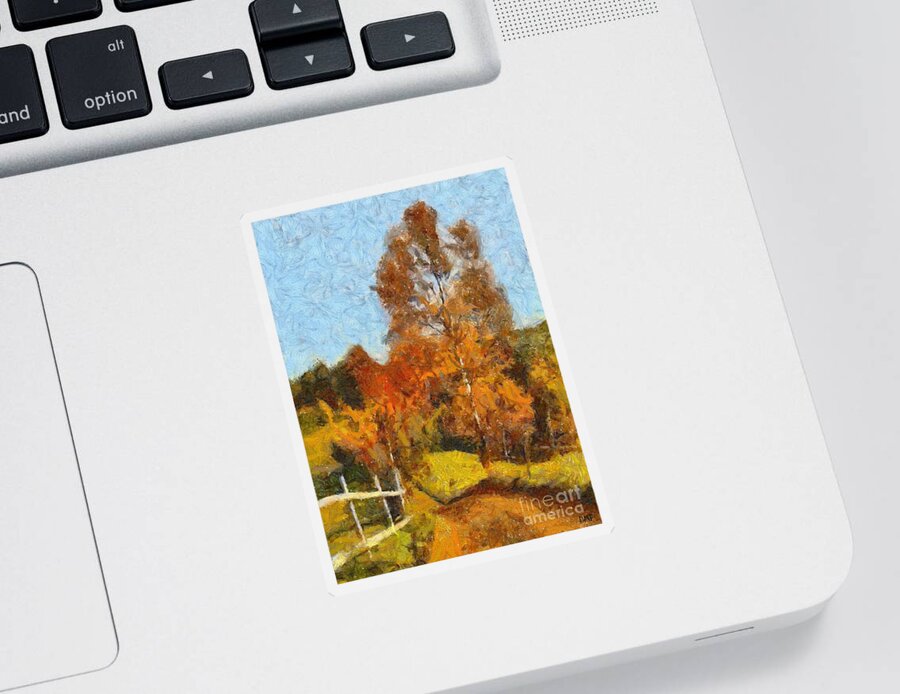 Landscape Sticker featuring the painting A Birch Near The Fence by Dragica Micki Fortuna