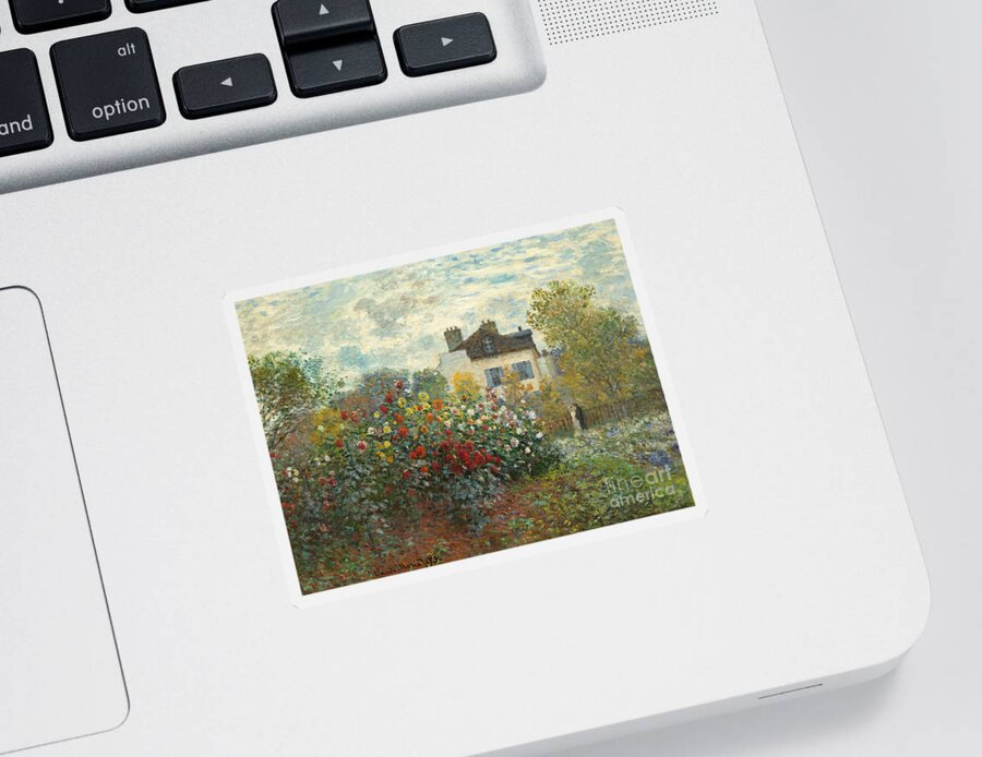 French Sticker featuring the painting A Corner of the Garden with Dahlias by Claude Monet