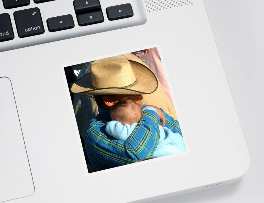 Cowboy With Baby Sticker featuring the photograph A Cowboy's Love by Marilyn Smith