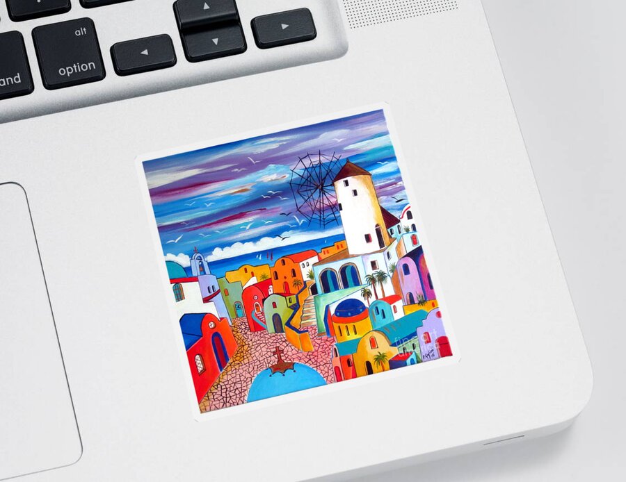 Greece Sticker featuring the painting A Greek Mill and the colors of Oia Santorini by Roberto Gagliardi