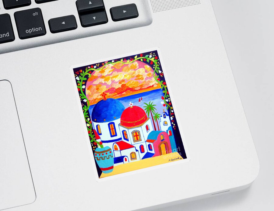 Santorini Sticker featuring the painting A Window over Santorini by Roberto Gagliardi