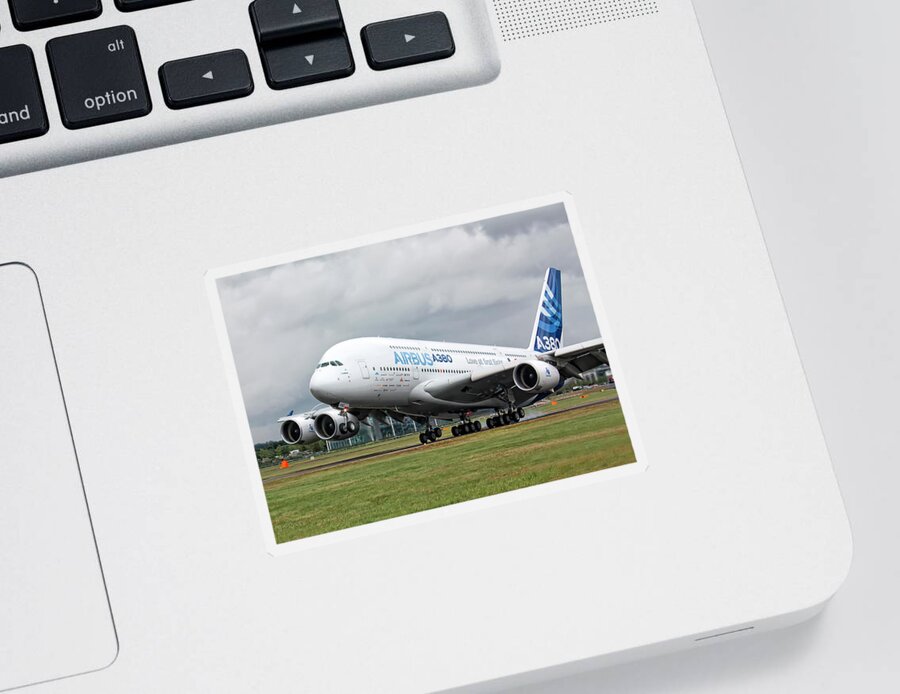 Airbus A380 Sticker featuring the photograph Airbus A380 Landing by Shirley Mitchell