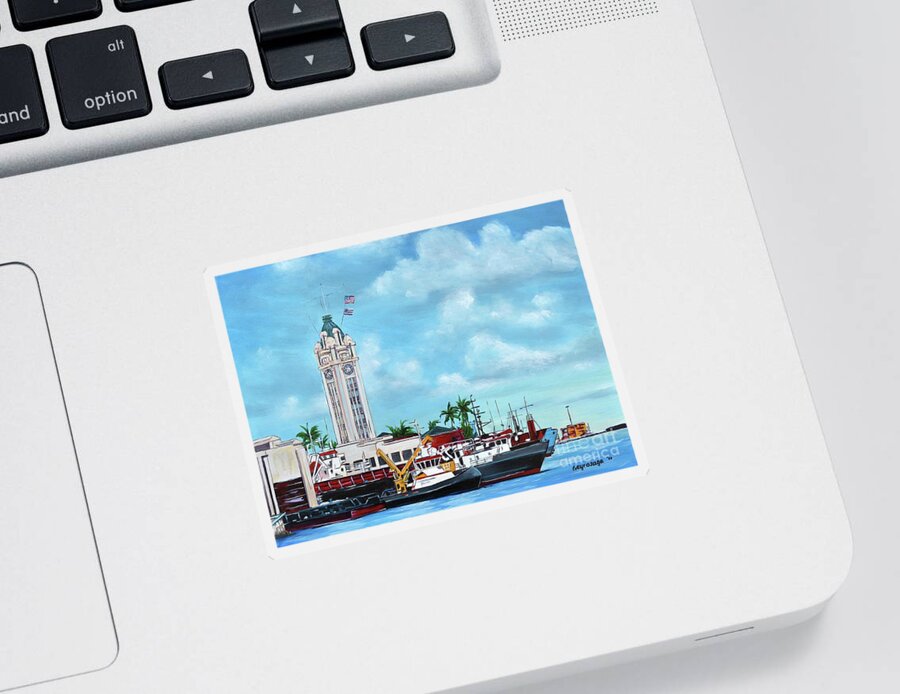 Aloha Sticker featuring the painting Aloha Tower by Larry Geyrozaga