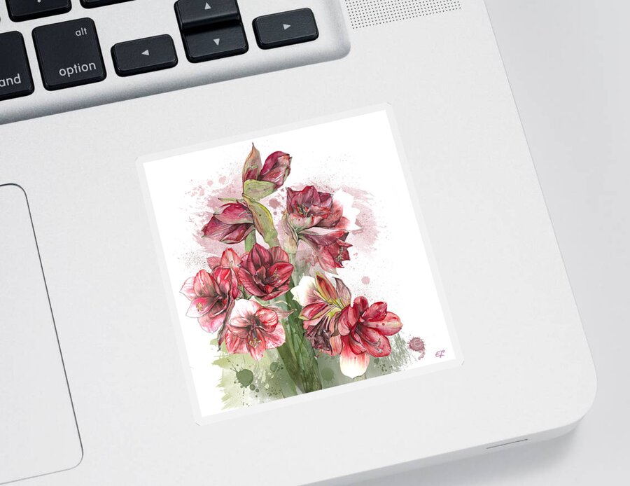 Amaryllis Sticker featuring the painting Amaryllis Flowers - 4. - Elena Yakubovich by Elena Daniel Yakubovich