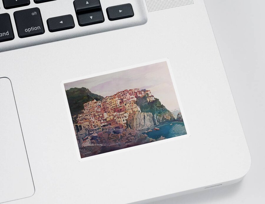 Riomaggiore Sticker featuring the painting An Italian Jewel by Jenny Armitage