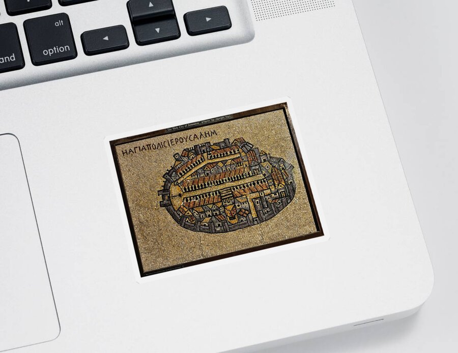 Israel Sticker featuring the photograph Ancient Jerusalem Mosaic Map Color Framed by Mark Fuller
