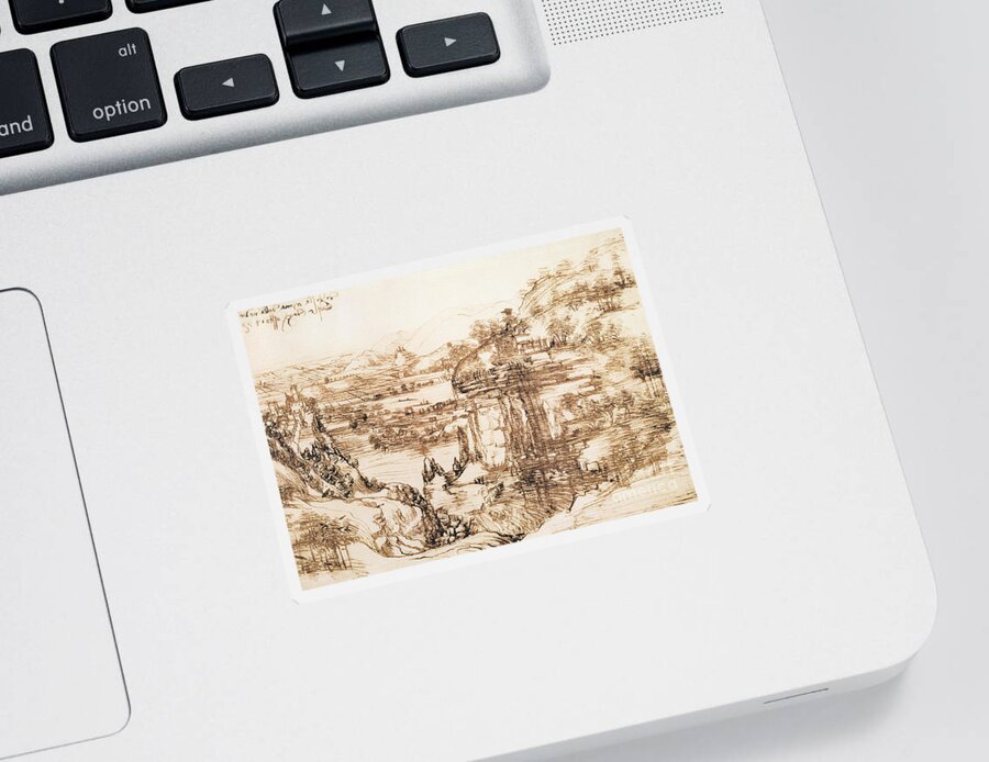 Leonardo Da Vinci Sticker featuring the drawing Arno Landscape by Leonardo da Vinci