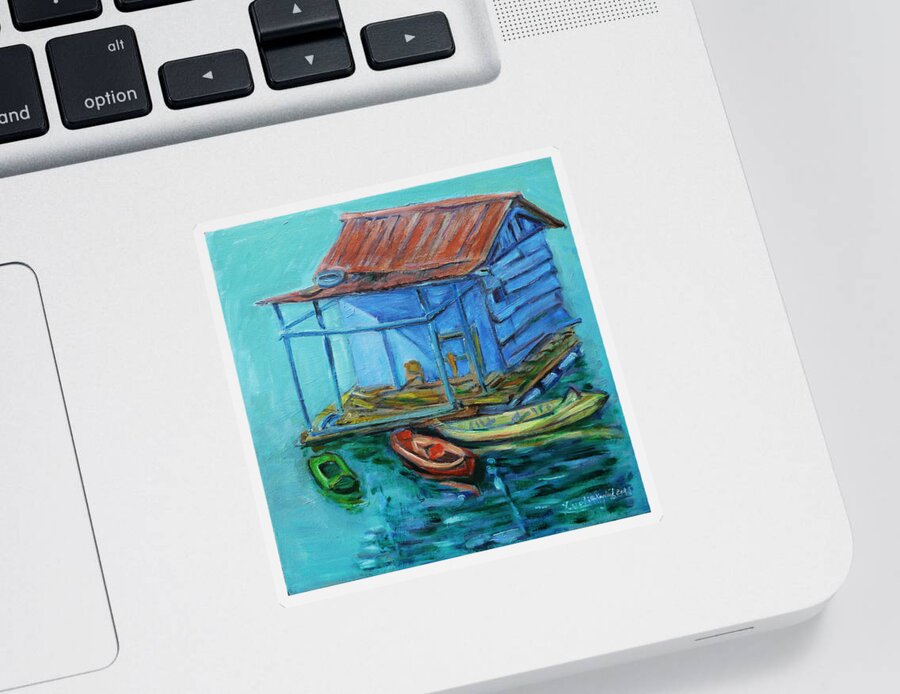 Landscape Sticker featuring the painting At Boat House by Xueling Zou