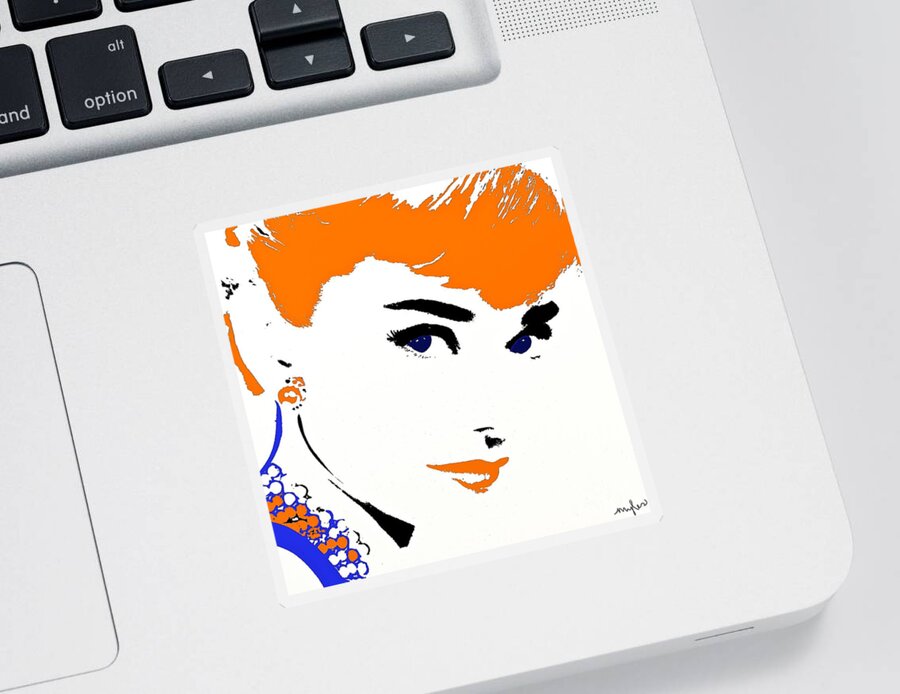 Audrey So Beautiful In Orange And Blue Sticker featuring the painting Audrey So Beautiful in Orange and Blue by Saundra Myles
