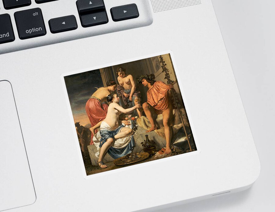 Caesar Van Everdingen Sticker featuring the painting Bacchus on a Throne. Nymphs Offering Bacchus Wine and Fruit by Caesar van Everdingen
