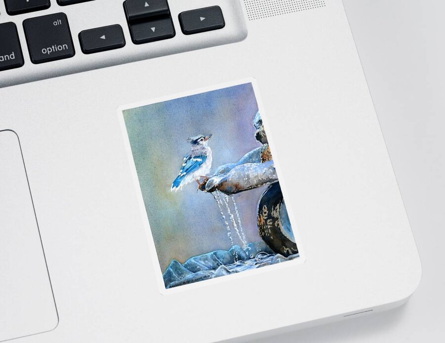 Beautiful Blues And Grays Of A Baby Blue Jay Drinking At A Water Fountain. Sticker featuring the painting Bathing Baby Blue Jay by Brenda Beck Fisher