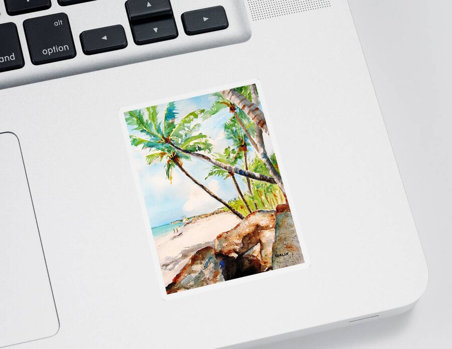 Tropical Beach Sticker featuring the painting Bavaro Tropical Sandy Beach by Carlin Blahnik CarlinArtWatercolor