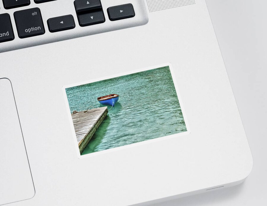 Blue Sticker featuring the digital art Blue Boat Off Dock by Michael Thomas