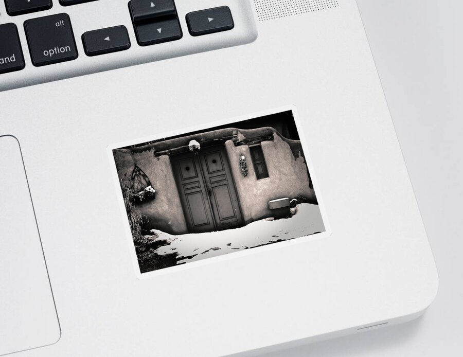 Santa Sticker featuring the photograph Blue door in sepia gold by Charles Muhle