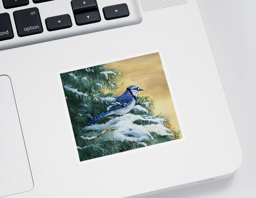 Song Bird Sticker featuring the painting Blue Jay And Blue Spruce by Johanna Lerwick