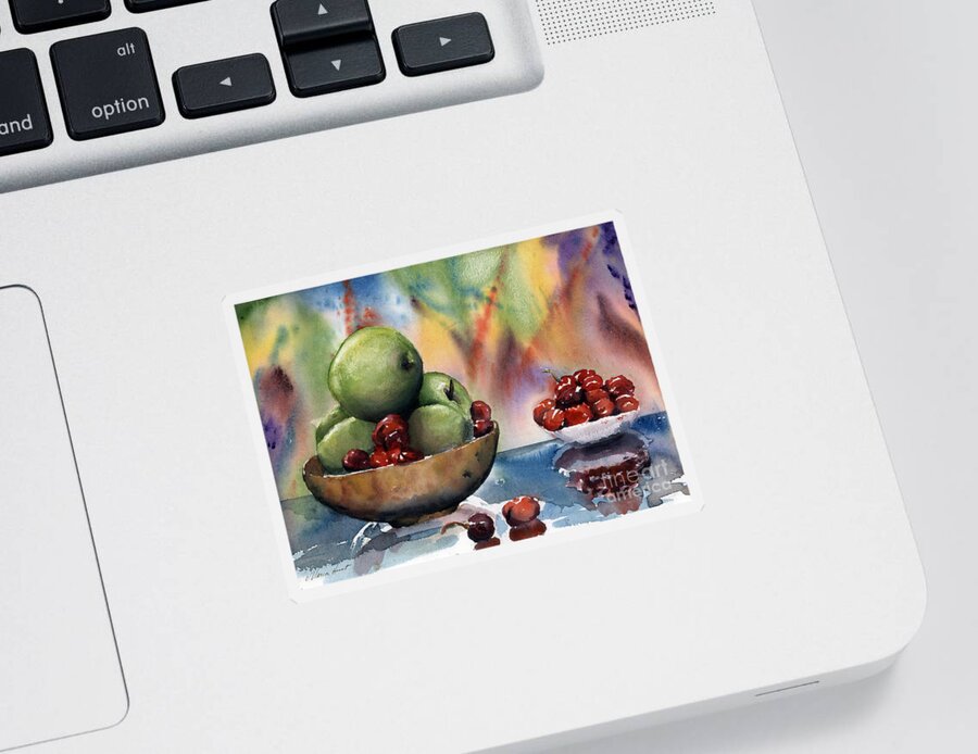 Apples And Cherries Sticker featuring the painting Apples in a Wooden Bowl With Cherries on the Side by Maria Hunt