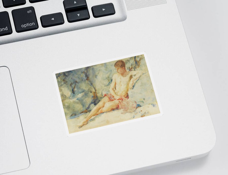 Henry Scott Tuke Sticker featuring the drawing Boy against rock by Henry Scott Tuke