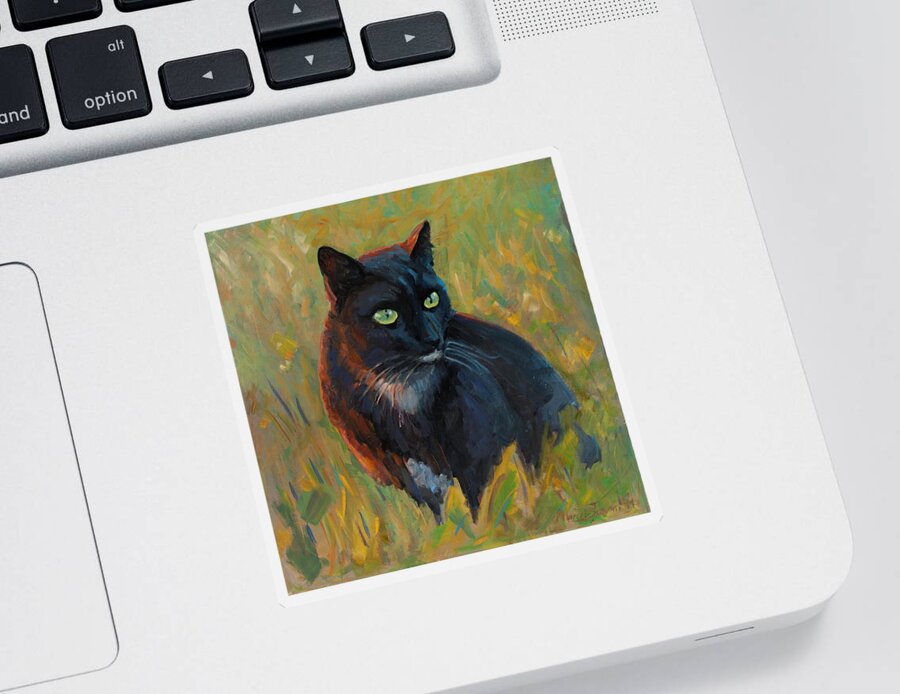 Cat Black Pet Grass Sunset Light Feline Sharp Look Sticker featuring the painting Bubu in the sunset by Marco Busoni